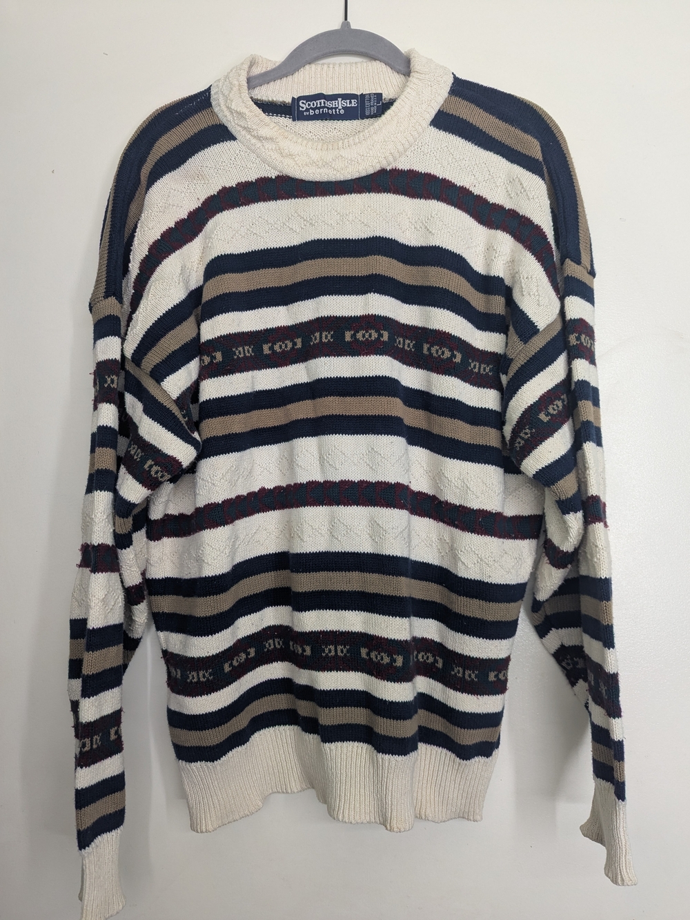 Vintage Hand Framed 100% Cotton Mens L Cream Striped Crewneck Sweater